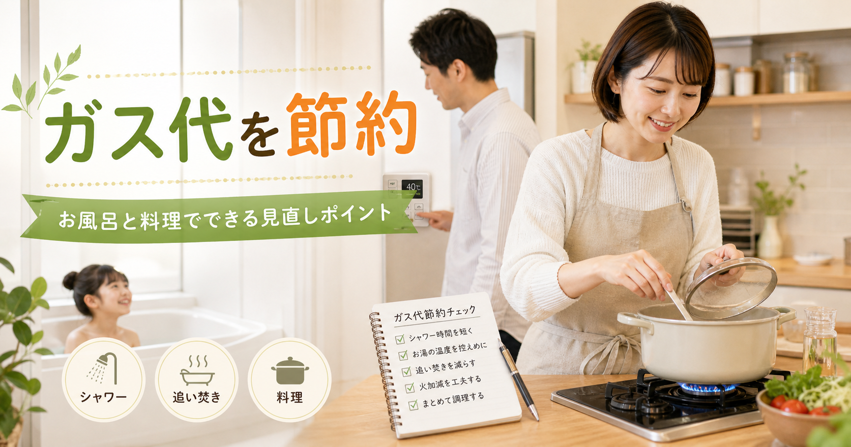 家族でガス代を節約するためにお風呂と料理の使い方を見直すイメージ