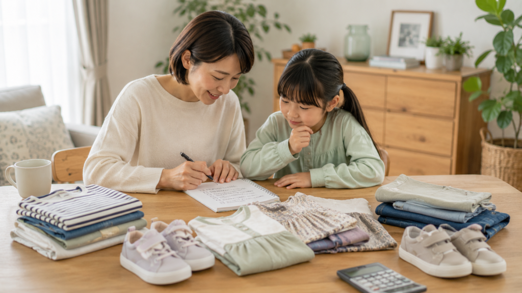 母親と子どもが子ども服の買い足しを相談しているイメージ