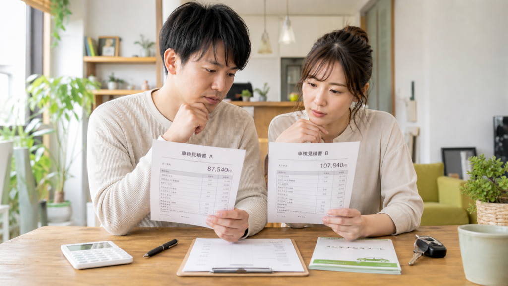 車検費用を安くするために複数の見積書を比較する夫婦のイメージ