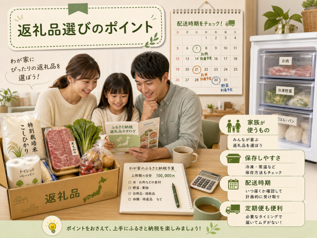 家族でふるさと納税の返礼品を選び配送時期や保存しやすさを確認するイメージ