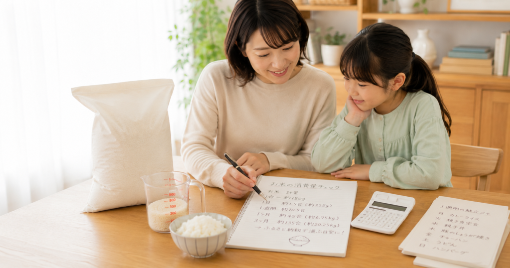 家族のお米の消費量を家計メモと電卓で確認する親子
