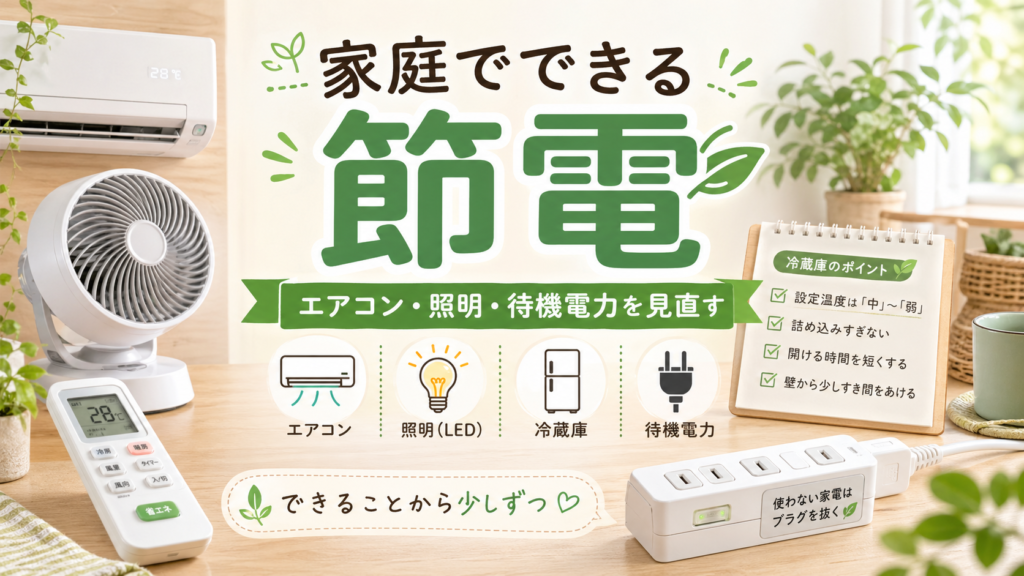 エアコンや照明など家庭でできる節電ポイントのイメージ