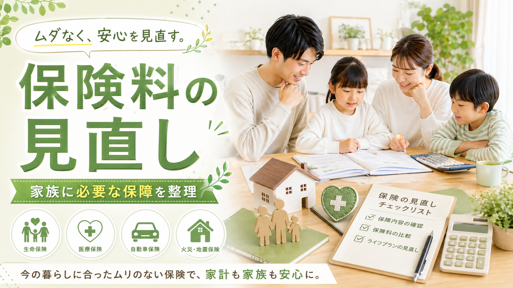 家族の保険料と保障内容を見直すイメージ