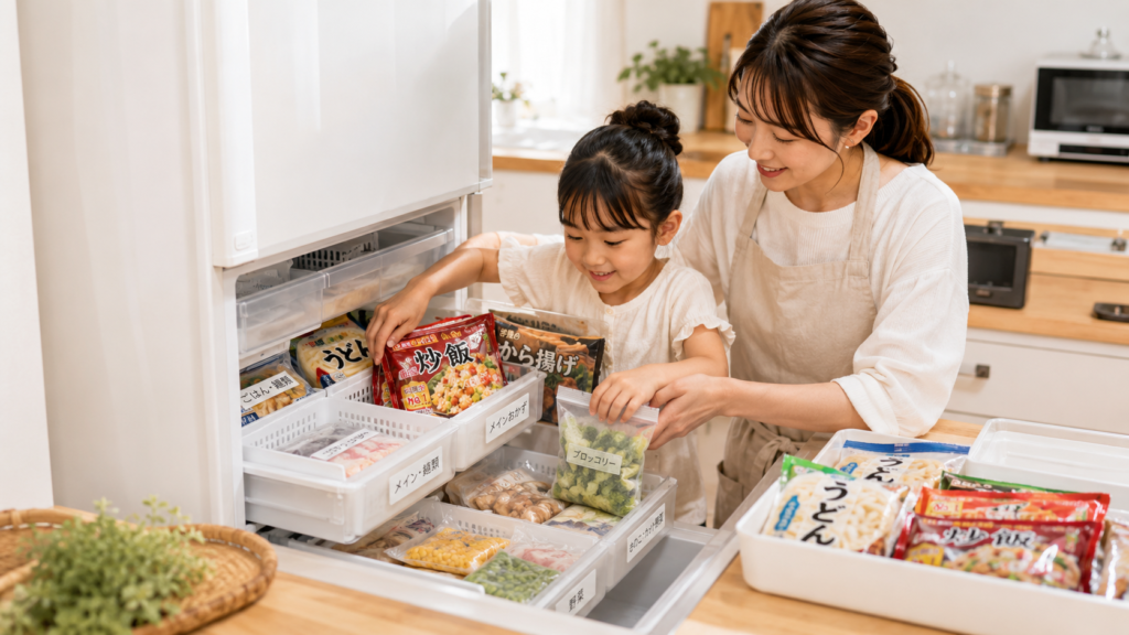 冷凍食品を冷凍庫で整理して食費のムダを減らす親子