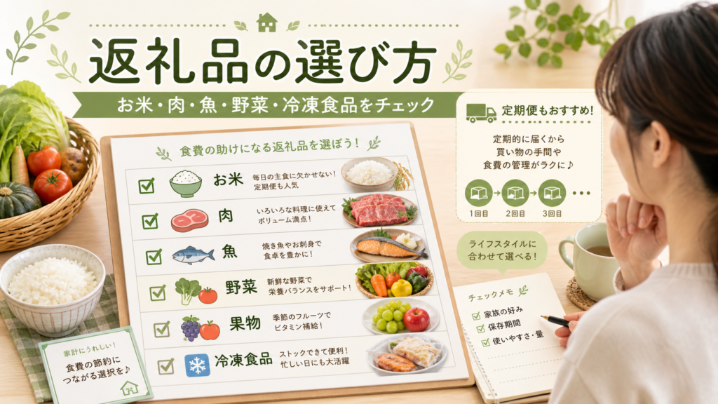 ふるさと納税の返礼品でお米や肉や魚などを選ぶポイントを確認するイメージ