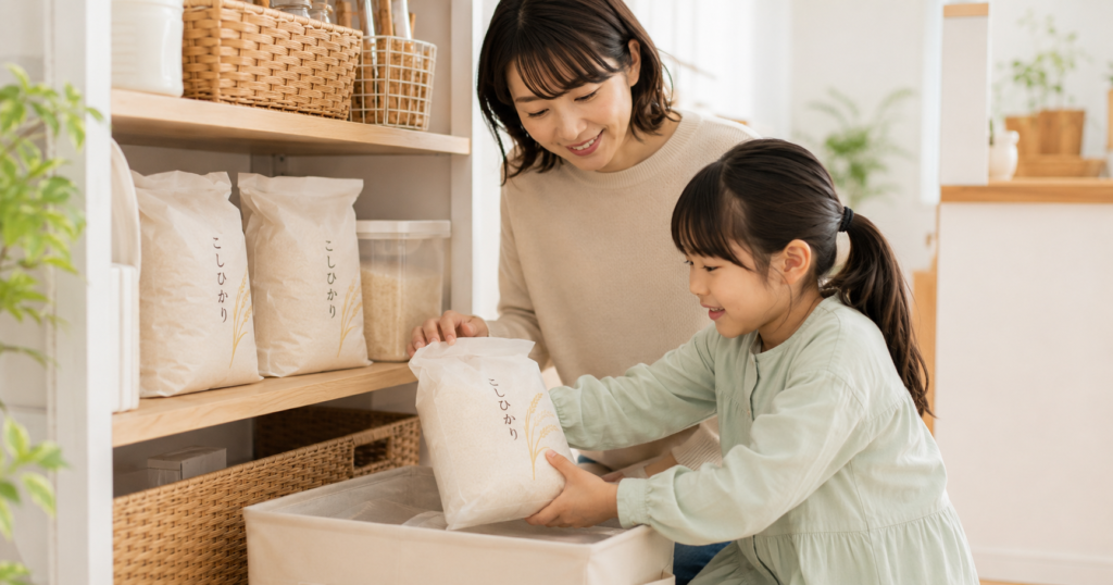 ふるさと納税で届いたお米を収納スペースに整理する親子