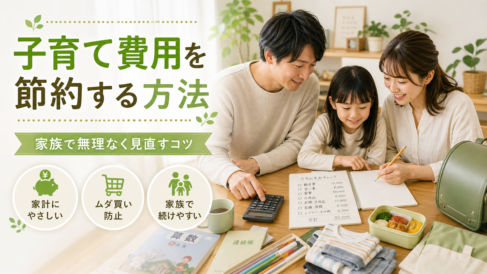子育て費用を節約する方法を家族で見直すイメージ