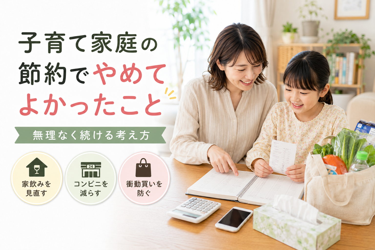 子育て家庭の節約でやめてよかったことを親子で話し合う様子