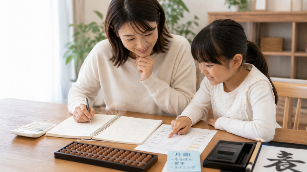 そろばんや習字など子どもの習い事費を見直すイメージ