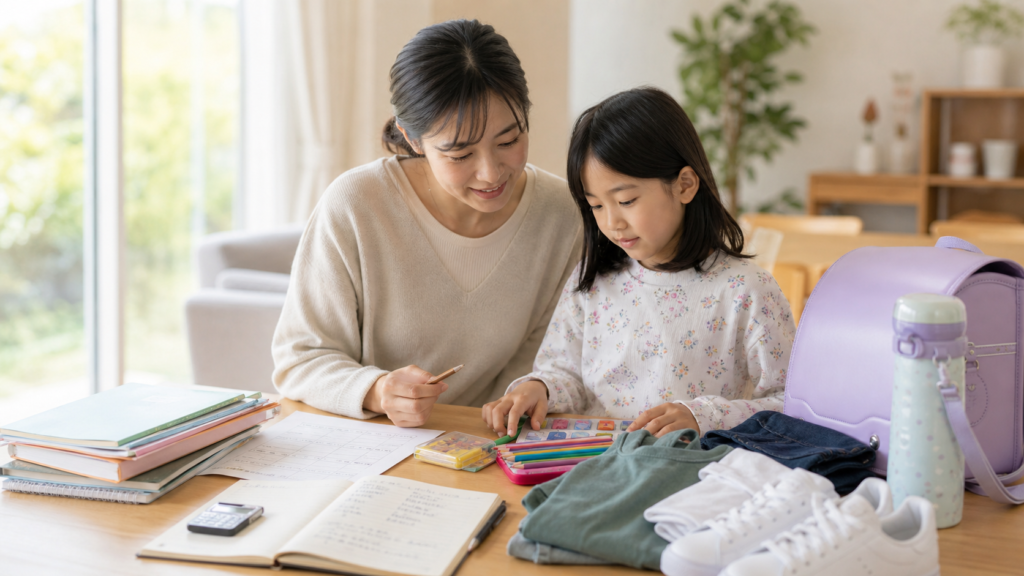 母親と子どもが学用品や学校の持ち物を確認している様子