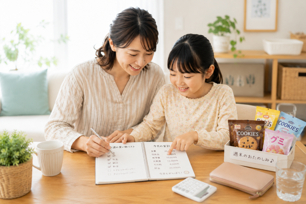 必要なものだけを買うために買い物メモを確認する様子