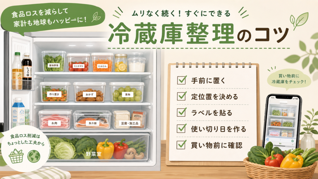 冷蔵庫整理で食品ロスを減らすためのポイントをまとめたチェックリストのイメージ