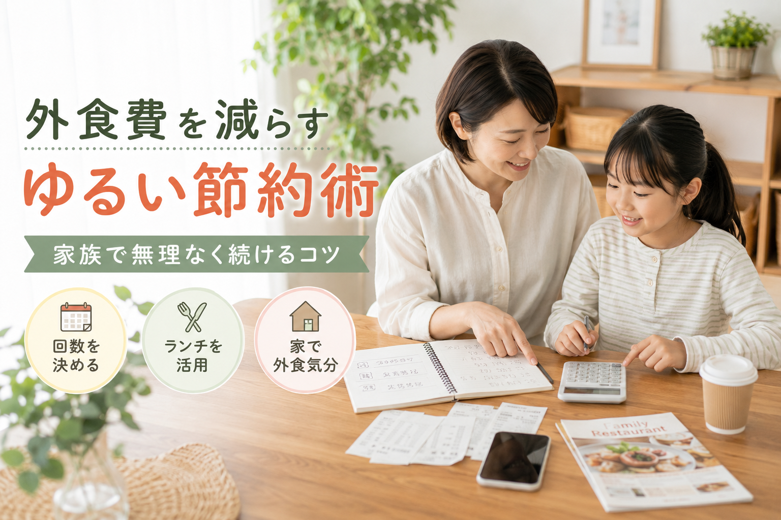 家族で外食費を減らすために食費の見直しをする様子