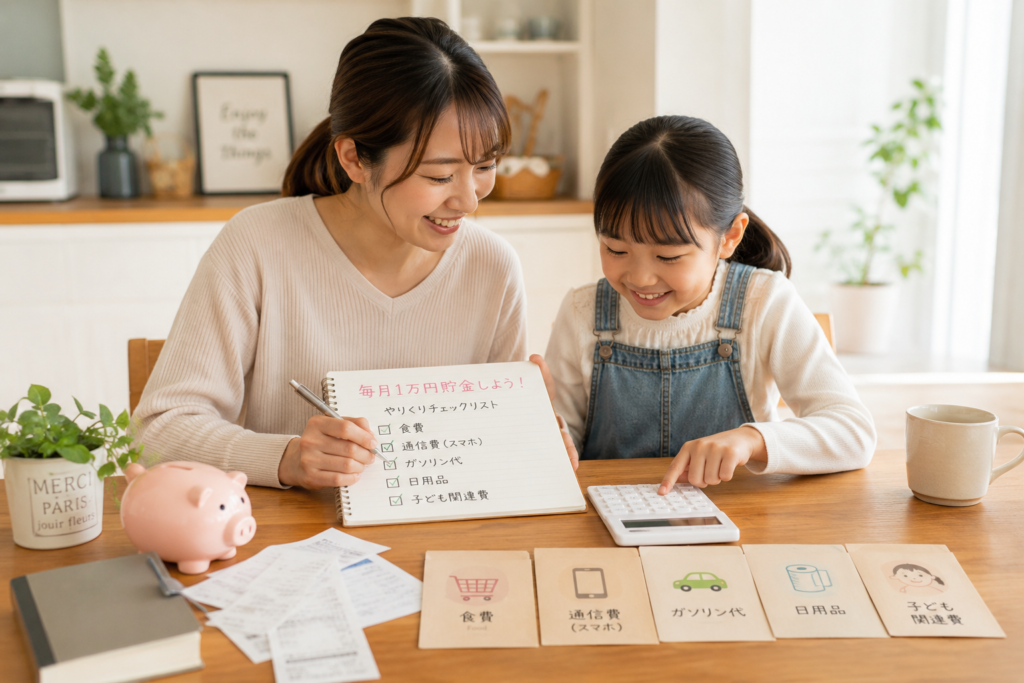 月1万円の節約を目指して固定費や食費を見直す親子