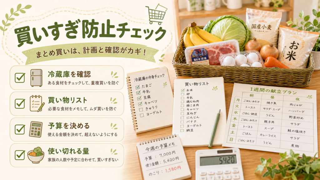 まとめ買いで買いすぎを防ぐためのチェックポイントをまとめたイメージ