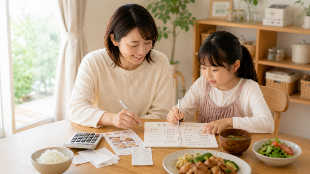 家族4人の外食費と家ごはんの費用を比較する様子
