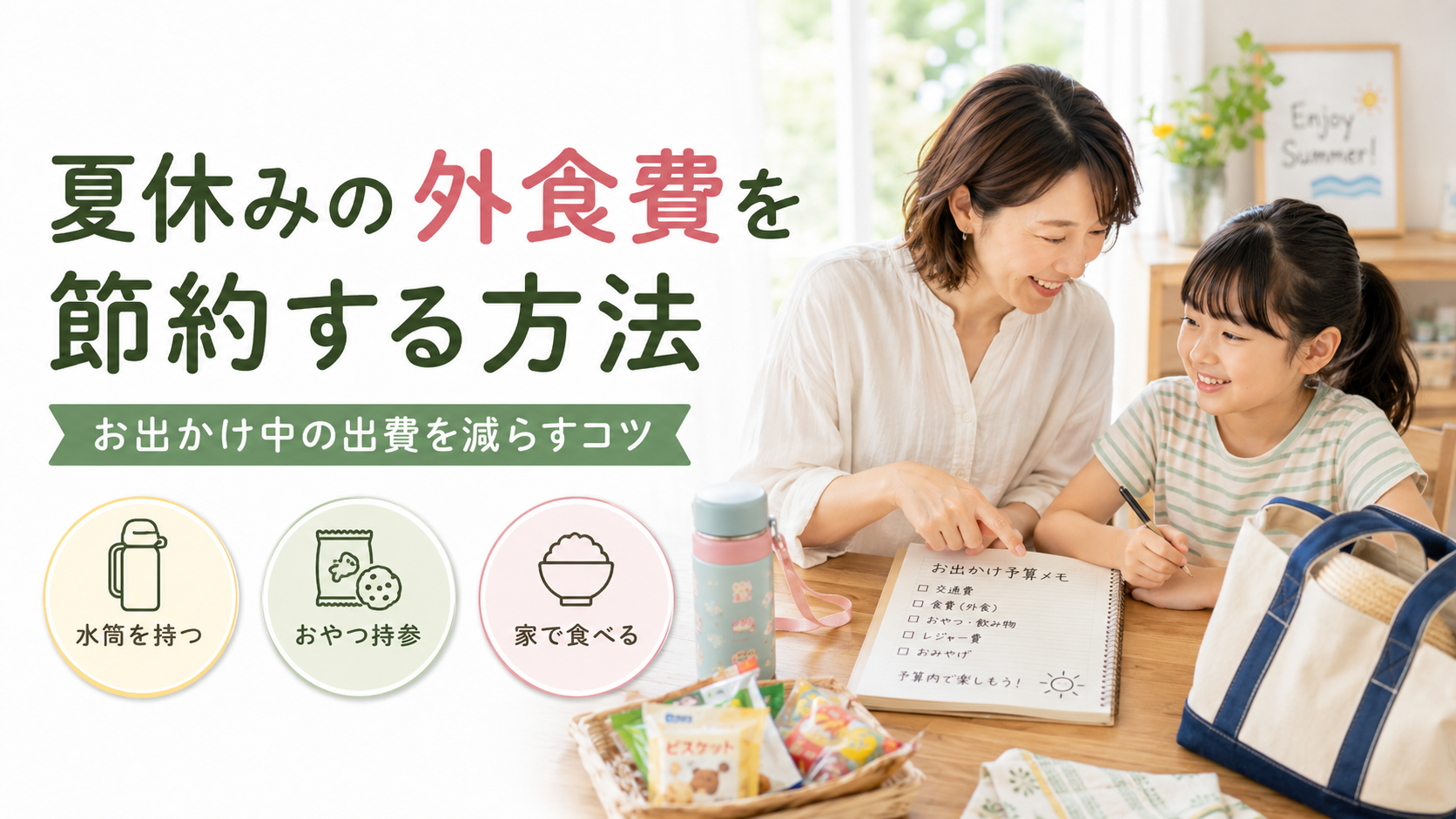 夏休みの外食費を節約する方法を親子で確認する様子