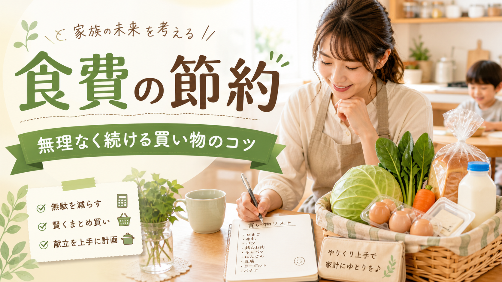 家族で食費を節約するために買い物リストを考えるイメージ