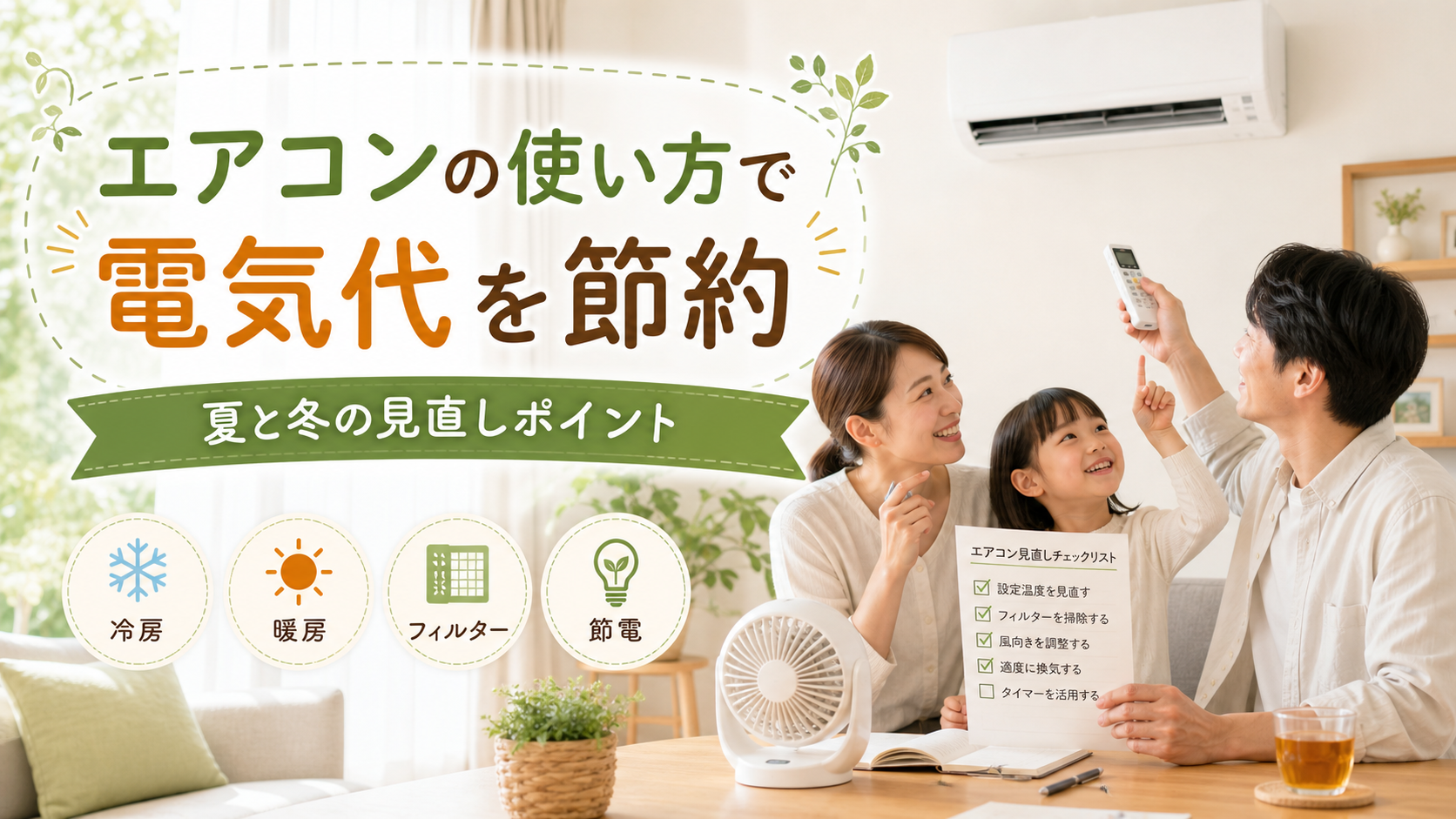 家族でエアコンの使い方を見直して電気代を節約するイメージ
