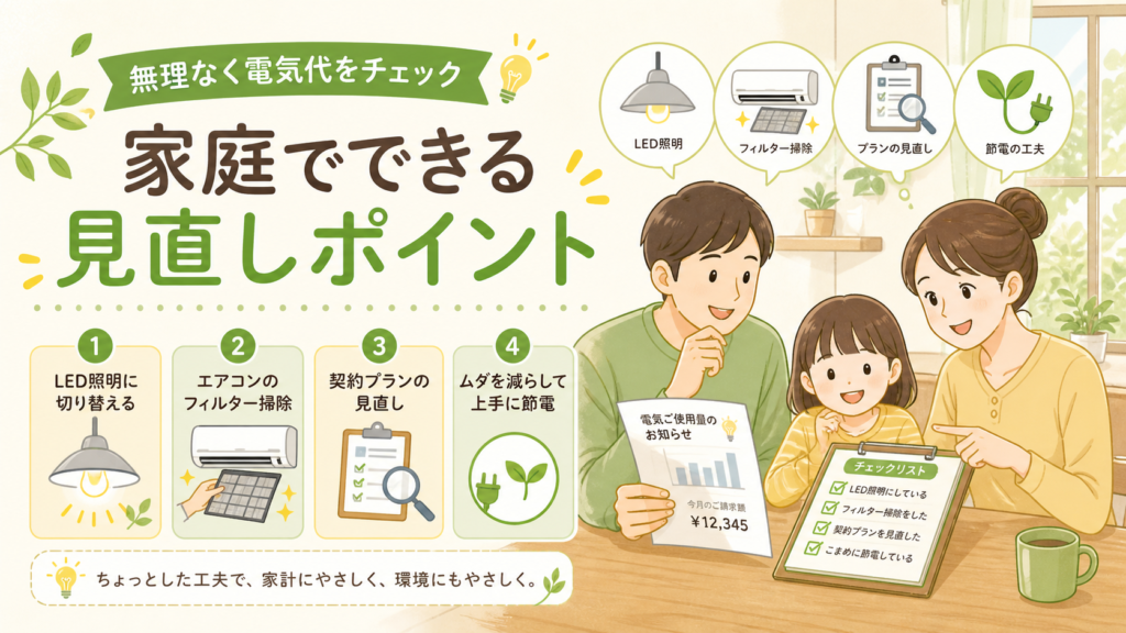 家庭でできる電気代の見直しポイントを確認するイメージ
