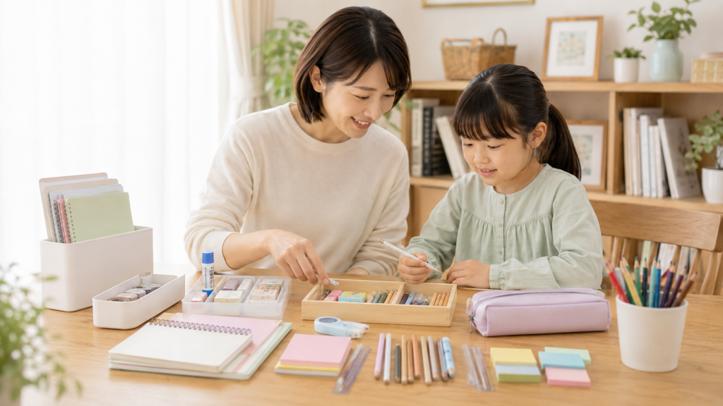 家にある鉛筆や消しゴムなどの文房具を親子で整理して確認する様子