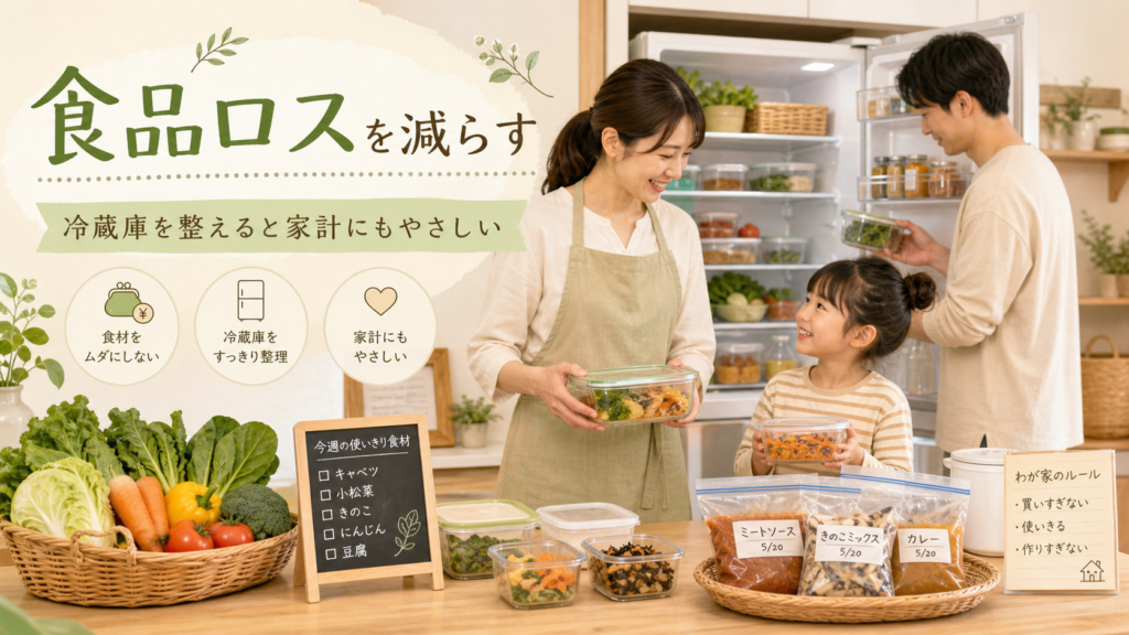 家族で冷蔵庫を整理しながら食品ロスを減らすイメージ