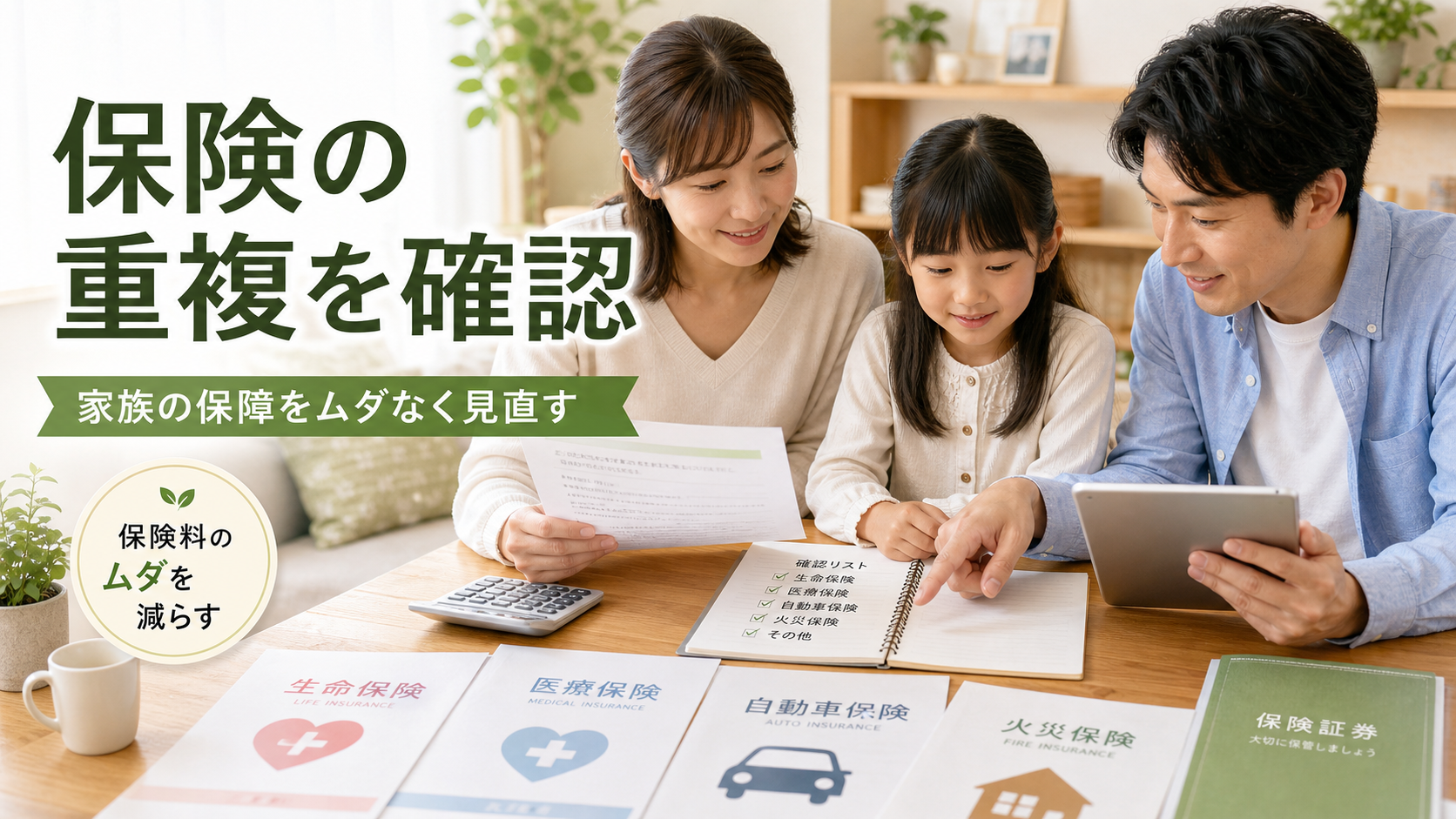 家族で保険証券を確認しながら保険の重複を見直すイメージ