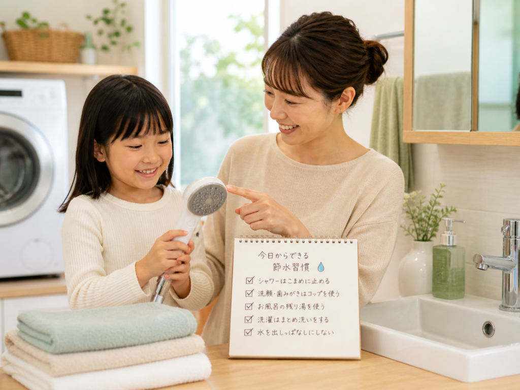 親子でシャワーの使い方を見直しながら節水習慣を確認するイメージ