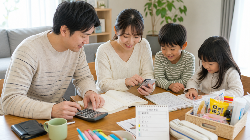 家族で子育て費用や家計を話し合いながら見直している様子