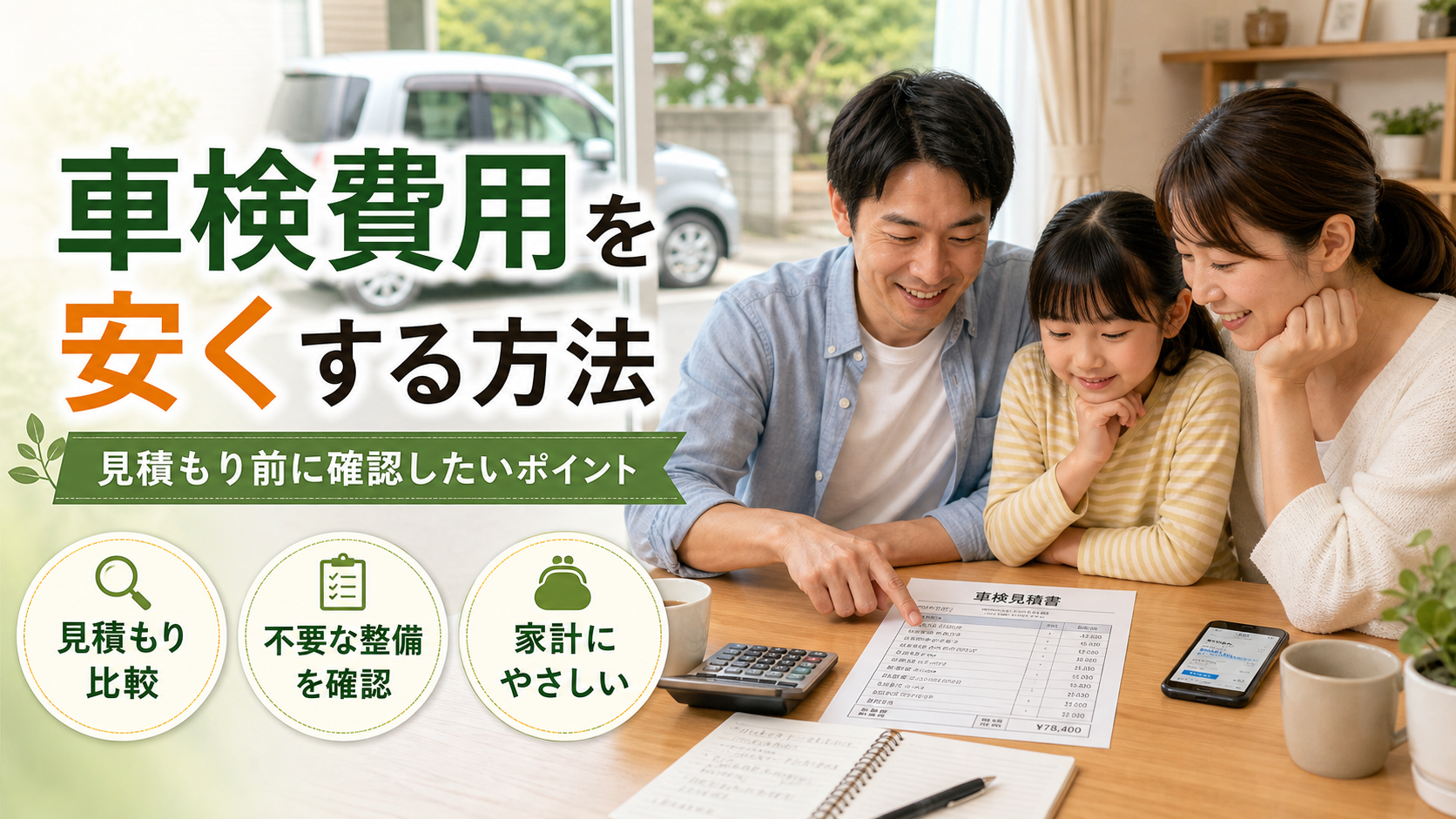 車検費用を安くするために家族で見積もりを確認しているイメージ