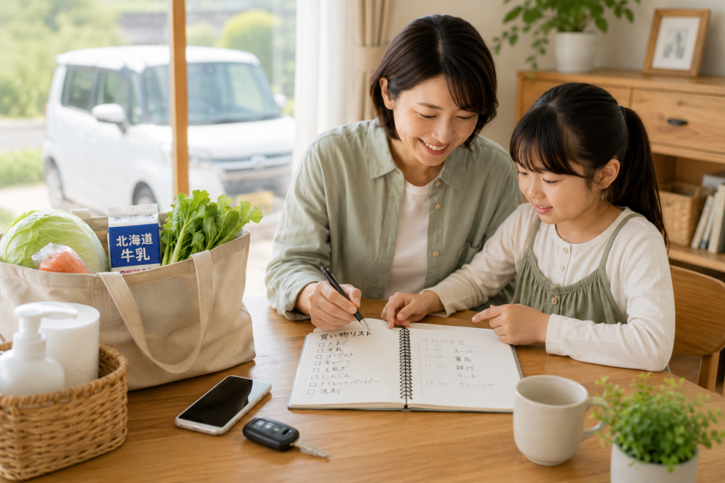 買い物リストを見ながらガソリン代を節約するために買い物をまとめる親子