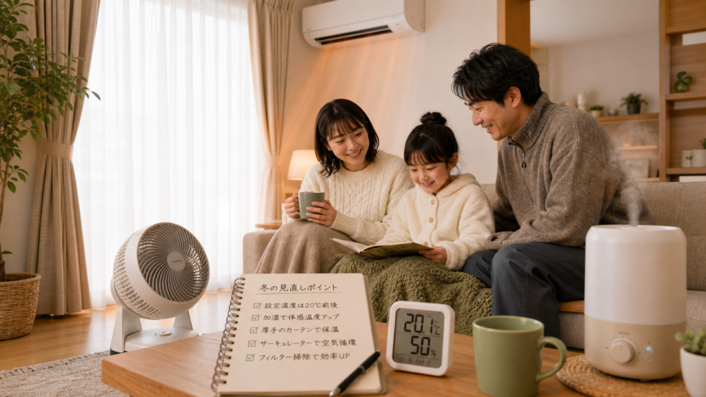 冬にエアコン暖房と加湿やサーキュレーターを活用して電気代を節約するイメージ