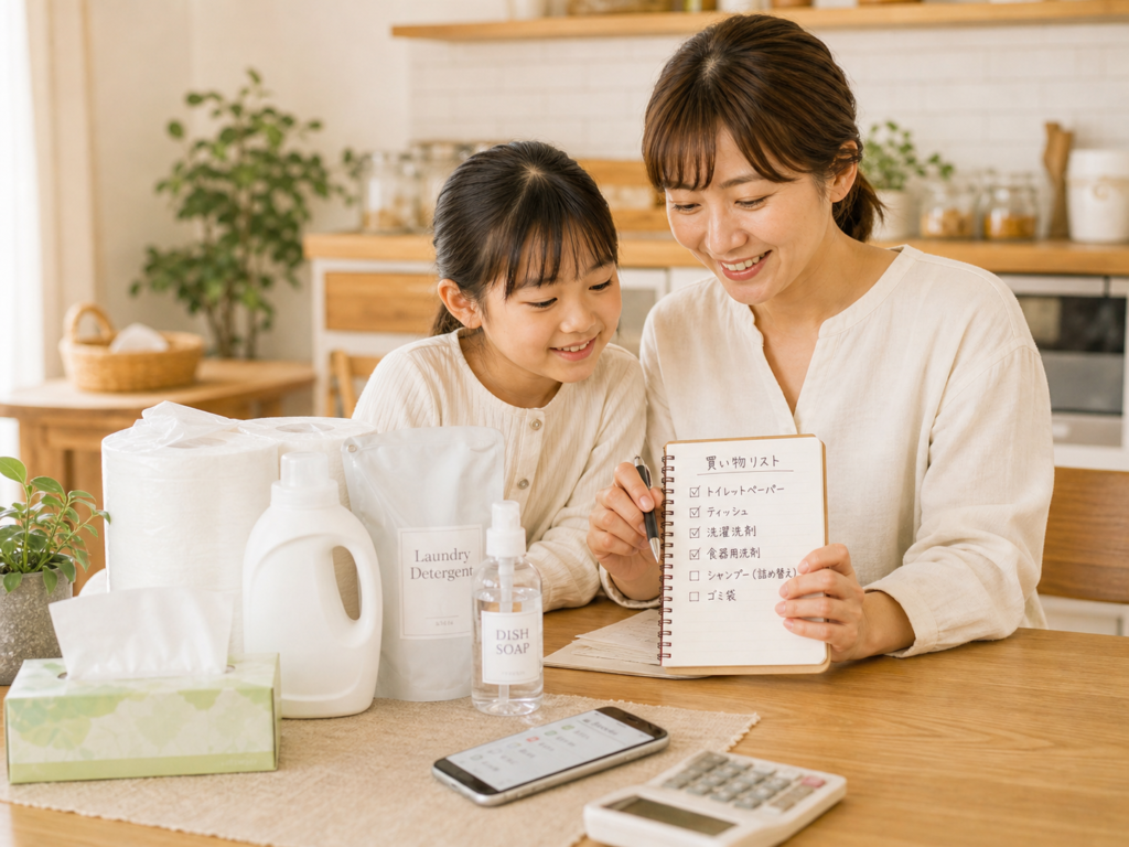 親子で日用品の買い物リストを作ってムダ買いを減らすイメージ