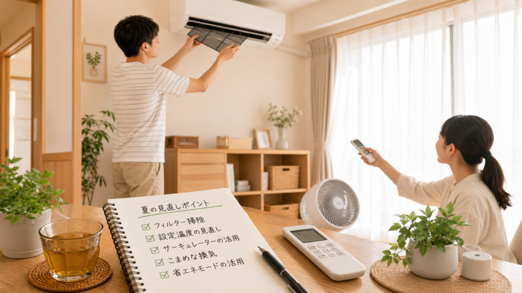 夏にエアコンのフィルター掃除や設定温度を見直して電気代を節約するイメージ