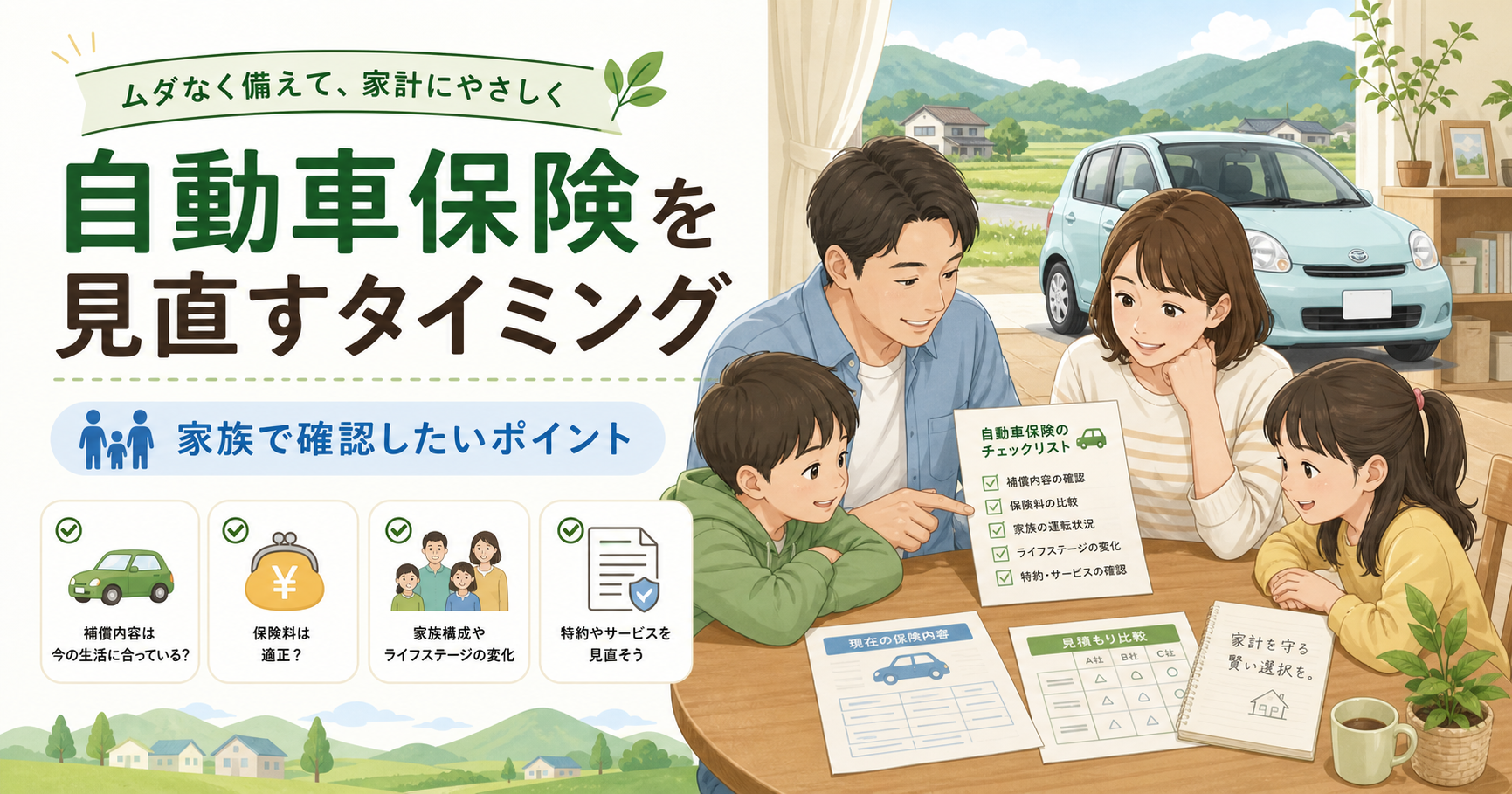 家族で自動車保険を見直すタイミングを確認するイメージ
