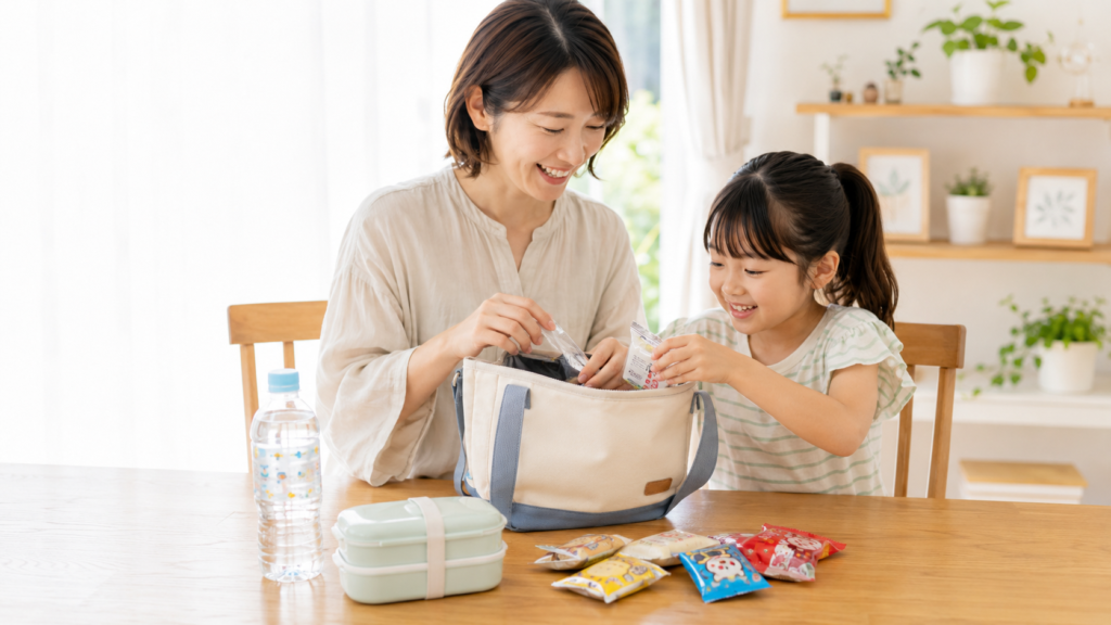 お出かけ前におやつと水筒を準備して外食費を節約する様子