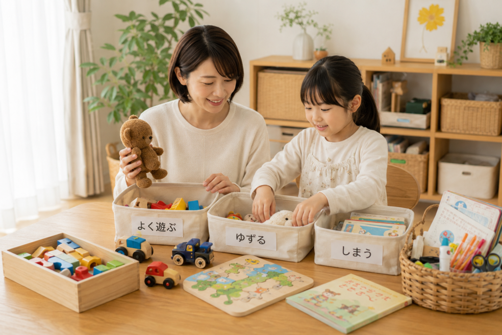 家にあるおもちゃを親子で仕分けして買いすぎを防ぐ様子