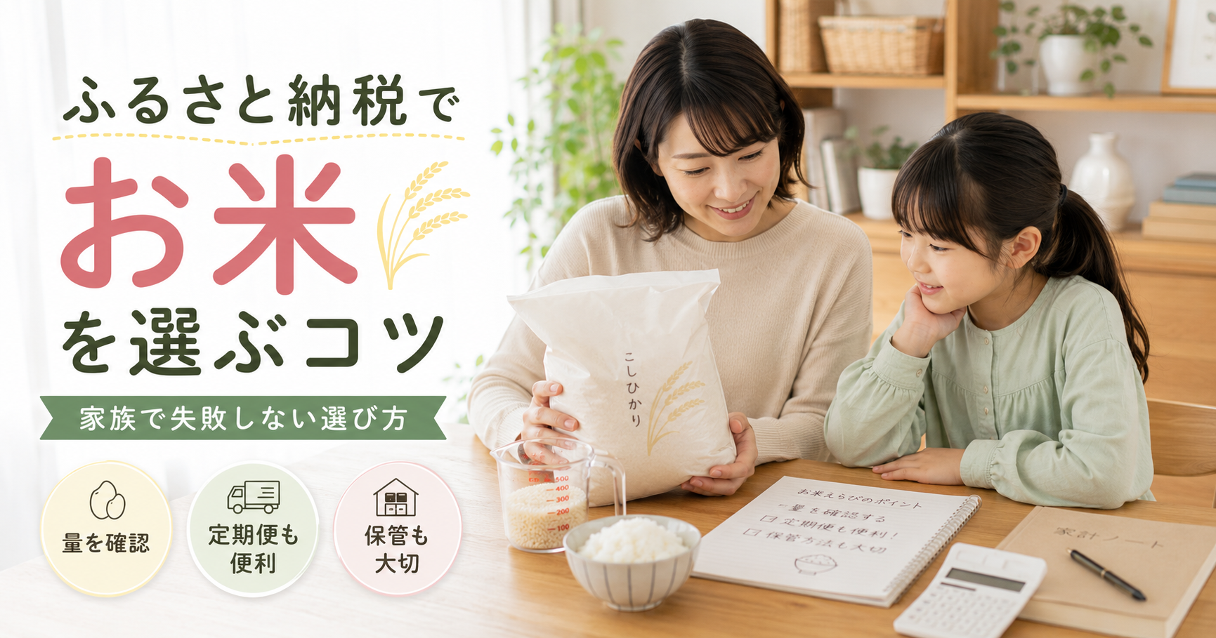 ふるさと納税でお米を選ぶポイントを親子で確認する様子