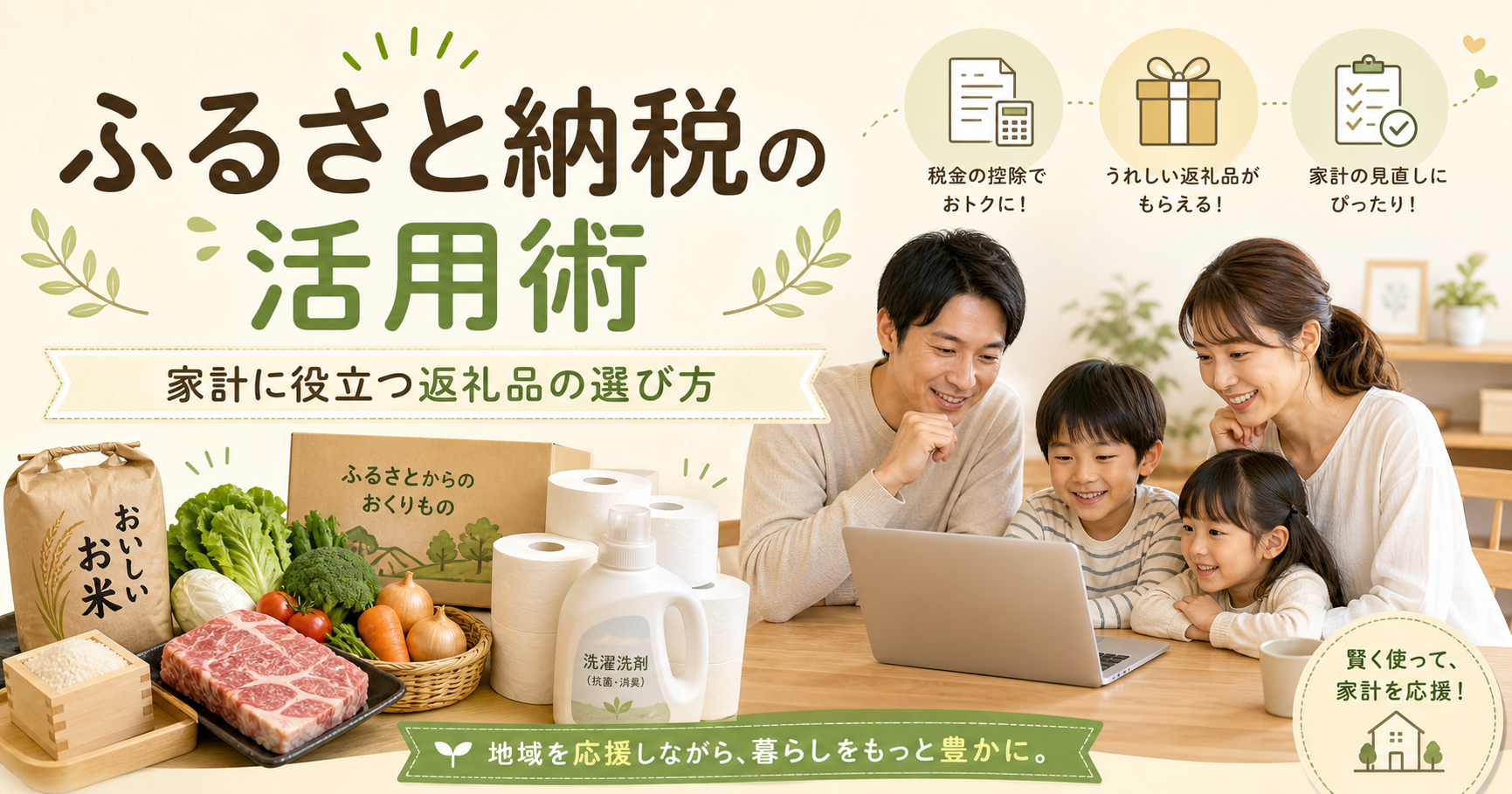 ふるさと納税を家計に活用し返礼品を上手に選ぶ家族のイメージ